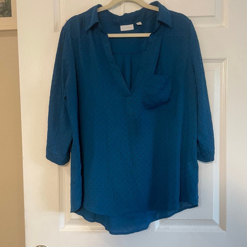 New York and Company Womens Blouse Teal Micro Polka Dot Collared Size XL